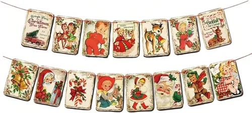 Miniatura 3 de Cartel para fiesta de Navidad, 18 unidades, diseño de cuadrícula roja con texto en inglés "Merry Christmas", tradicional a la antigua