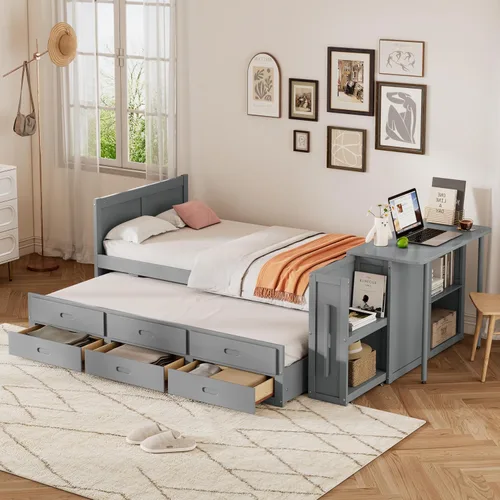 Cama de plataforma de tamaño individual con nido y 3 cajones, escritorio pequeño, cama individual con gabinete extraíble y estantes de