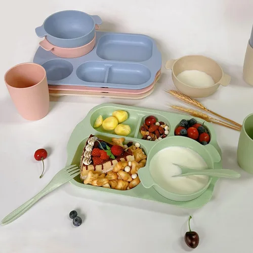 Miniatura 6 de shopwithgreen - Juego de cubiertos de vajilla de paja de trigo, 20 piezas, platos y cuencos divididos para niños y bebés, cubiertos de mesa