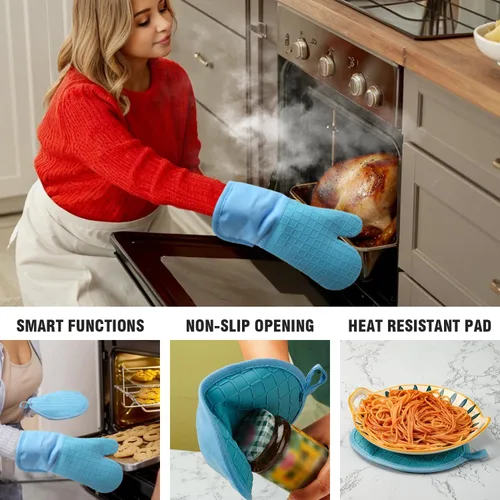 Miniatura 2 de Manoplas de horno y soportes para ollas, 4 juegos, guantes de horno resistentes al calor de 500 ℉ y soporte para ollas, guantes largos para horno