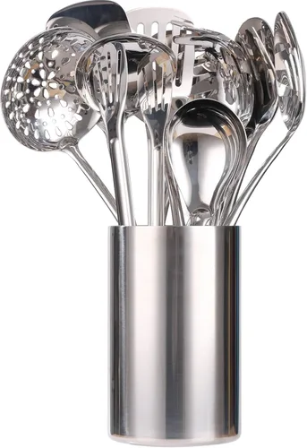 Juego de utensilios de cocina de acero inoxidable 18/10 con soporte - Juego de cucharas espátula de 15" con organizador de almacenamiento para