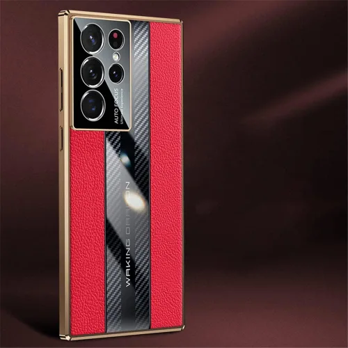 Miniatura 2 de Lunivop Funda para Samsung Galaxy S22 Ultra 5G de 6.8 pulgadas, TPU de lujo de fibra de carbono y cubierta trasera de cuero, compatible con S Rojo