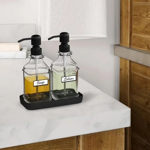 Miniatura 8 de LMQML - Dispensador de jabón - paquete de 2 dispensadores de jabón de manos de vidrio grueso, diseño antiguo, con bandeja resistente; bomba negra