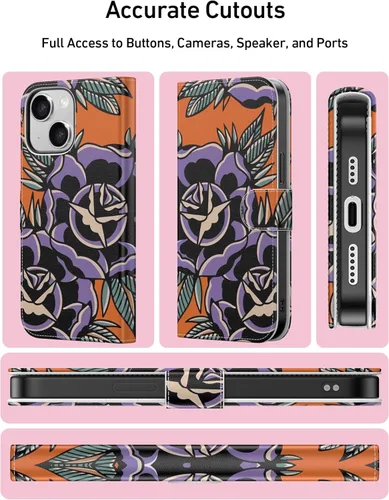 Miniatura 4 de DEENAKIN Funda tipo cartera para iPhone 15 con tarjetero + clip para efectivo, bloqueo RFID, protección contra caídas de grado militar y obras