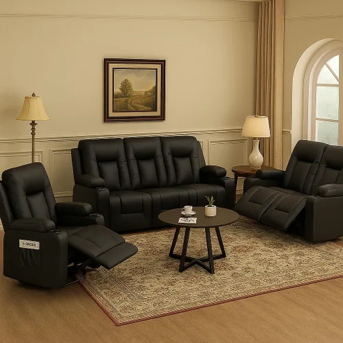 Miniatura 12 de LUCKLIFE Juego de sofá reclinable de cuero con sillones reclinables manuales, juego de muebles de sala con sofá reclinable, sofá biplaza y sillón