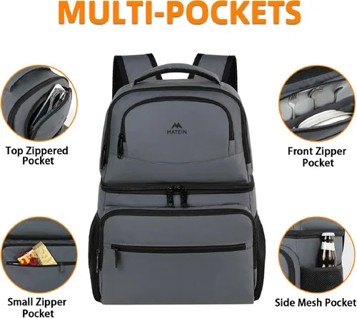 Miniatura 5 de MATEIN Mochila enfriadora, 26 latas, mochila térmica de almuerzo para hombres y mujeres, a prueba de fugas, de doble capa, mochila de almuerzo Gris
