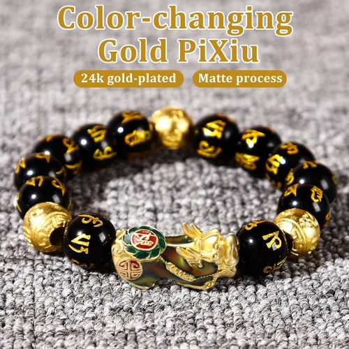 Miniatura 3 de Feng Shui Bracelet Obsidian Bracelet, 24k Gold Plated PiXiu Dragon Protection for Men Women, 12mm Mantra Prayer Beads Bracelets Meditation
