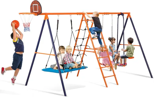 Juego de columpios de metal para exteriores para niños, juego de patio de juegos de metal resistente con columpios, escalera de escalada, barra de