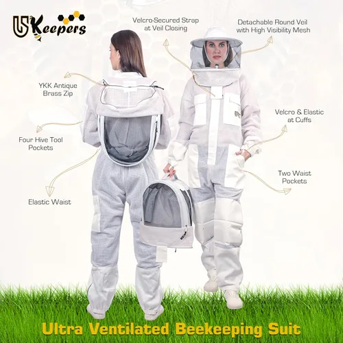 Miniatura 5 de Traje de abeja ultra ventilado de 3 capas para hombres y mujeres, traje de apicultura prémium con guantes de abeja y dos velos de apicultura Blanco
