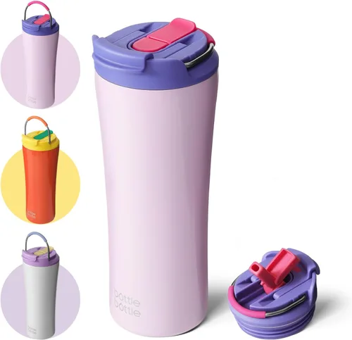 Miniatura 8 de BOTTLE BOTTLE Vasos de café aislados con tapa de doble uso y pajita, taza de café de viaje con doble pared para mujer y hombre, vaso de acero Flores