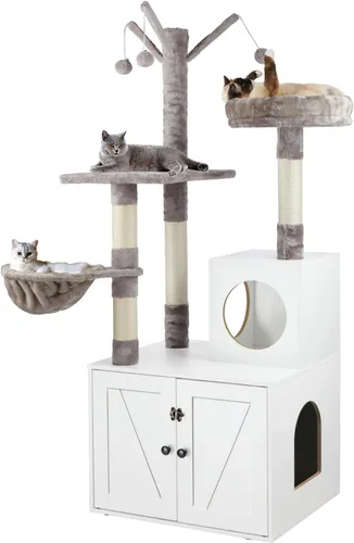 Miniatura 9 de Timberer Árbol para gatos con torre y caja de arena, refugio para gatos de madera 2-en-1 con poste de rascar de sisal, hamaca, marrón