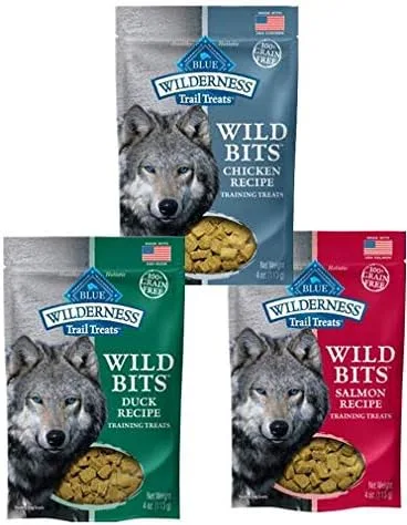 Blue Buffalo Wilderness Trail Treats - Golosinas salvajes para perros sin granos, 3 sabores (salmón, pollo y pato), 4 onzas cada uno (3 bolsas en