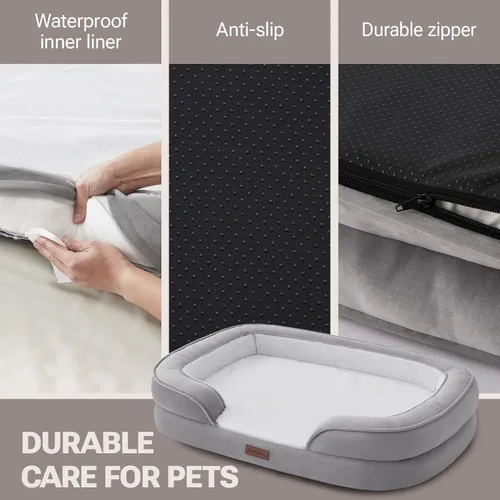 Miniatura 6 de Soft Touch - Cama ortopédica XL para perros grandes con parte superior de pelo sintético, sofá para mascotas impermeable con funda extraíble y Gris