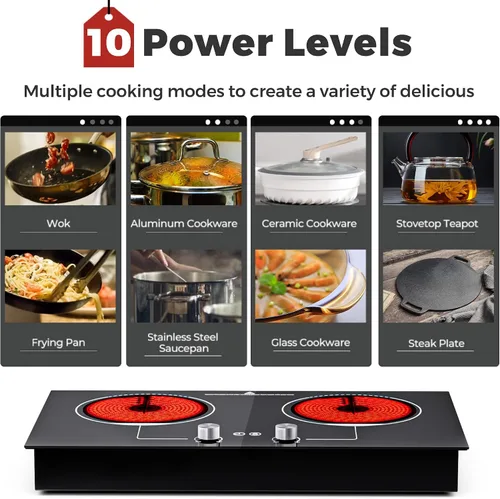 Miniatura 4 de ADVWIN Placa de cocina eléctrica, perilla de control de 2 quemadores, enchufe en estufa eléctrica de cerámica integrada con bloqueo de seguridad