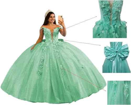 Miniatura 6 de Mauuwy Vestidos de quinceañera de tul de lujo, vestido de baile hinchado brillante dulce 16 vestidos florales fuera del hombro vestido de graduación