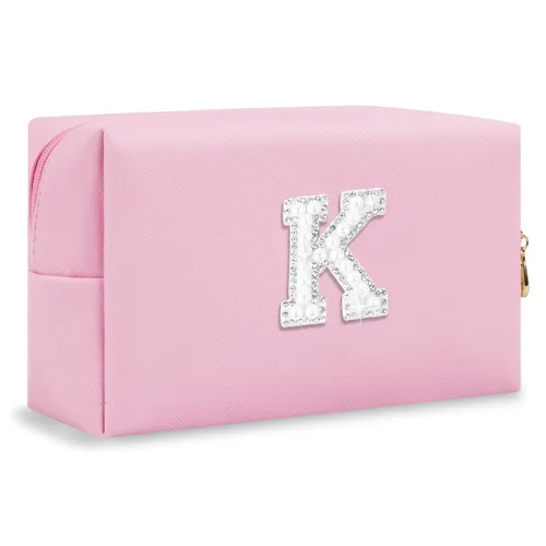 Miniatura 280 de Pequeña bolsa de maquillaje personalizada con inicial A-Z Preppy Patch, bolsa de cosméticos de viaje de felpilla blanca con cremallera, bonita bolsa