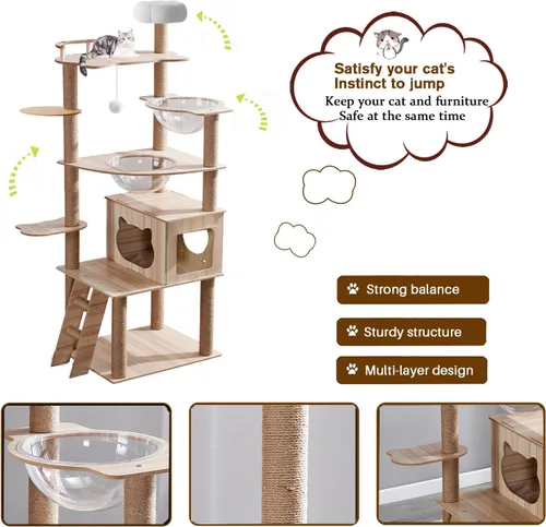 Miniatura 5 de Árbol de gato de 67 pulgadas para gatos de interior y adultos, torre de árbol para gatos con condominio, escaleras para gatos, 2 cuencos, 14 postes