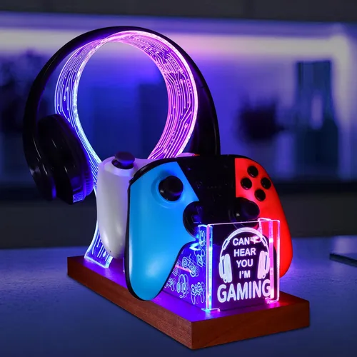 YuanDian Gamer Gifts for Teenage Boy, Can't Hear You I'm Gaming Headset and Controller Stand, Acrylic Wooden Controller Holder with Blue Pink LED