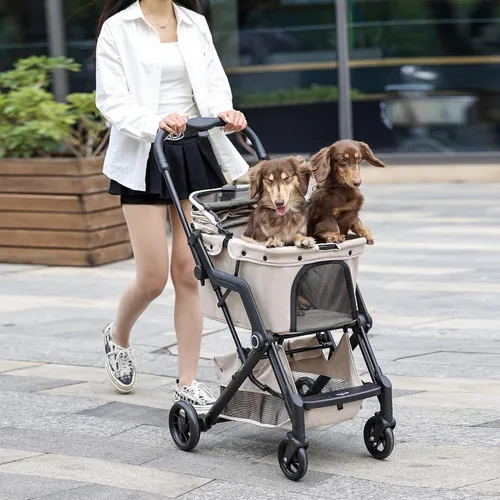 Miniatura 7 de Cochecito para mascotas pequeño/mediano mejorado: perros y gatos de hasta 66 libras, se pliega para almacenamiento y cuenta con un freno de pie