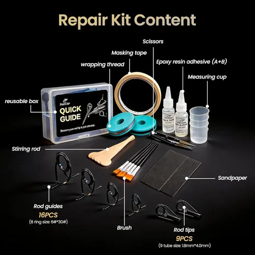Miniatura 2 de Kit de reparación de puntas de caña de pescar, kit completo de suministros de repuesto con 8 guías de caña de tamaño, 9 puntas de tamaño, adhesivo