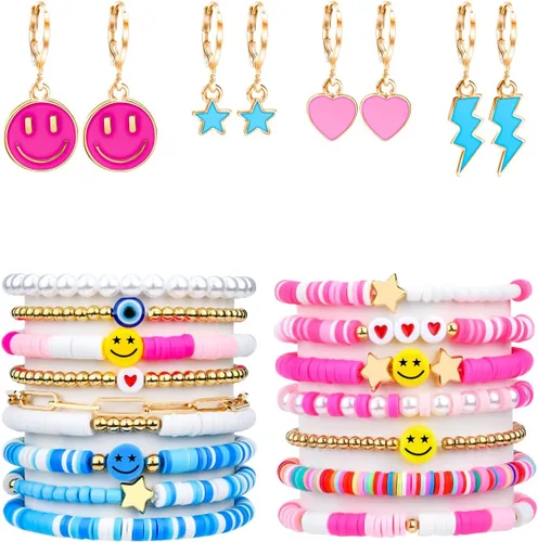 Preppy Heishi - Juego de pulseras de surfista para niñas adolescentes, bonitos aretes estéticos, anillos estéticos preppy coloridos de oro blanco
