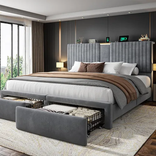 Miniatura 9 de Homkdom Base de cama Queen con cabecera de almacenamiento de terciopelo, 2 cajones grandes y 3 puertos de carga, base de cama de plataforma de 51.3