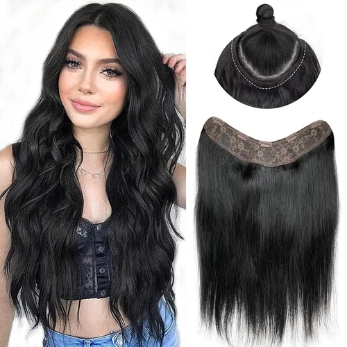 Extensiones de cabello negro azabache, cabello humano con clip en forma de V, 14 pulgadas, añadiendo volumen y extensiones de cabello real liso