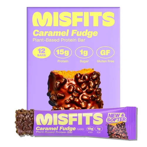 Misfits - Barras de proteínas veganas - Sabor a caramelo y turrón | Barras nutricionales - 15 g de proteína, 1 g de azúcar, a base de plantas, bajas