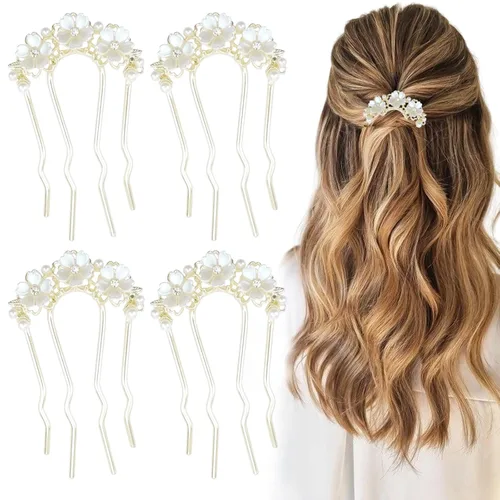 Miniatura 9 de Paquete de 4 horquillas para el cabello retorcidas de perlas, peines laterales en forma de U de perlas, palillos de pelo de 4 puntas, pinzas