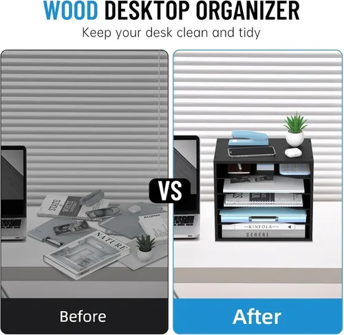 Miniatura 6 de Organizador de escritorio de madera de 5 niveles, organizador de bandeja de papel para escritorio con estantes de almacenamiento ajustables, Negro