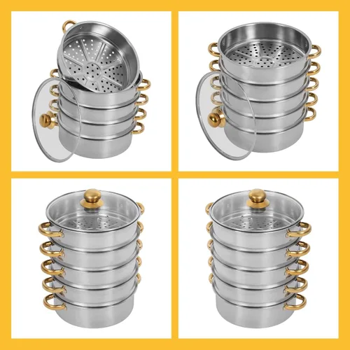 Miniatura 5 de Vaporizador de 10.2 x 16.5 in/10.24 x 16.54 pulgadas, olla de vapor de acero inoxidable de 5 niveles con tapa transparente y asas doradas