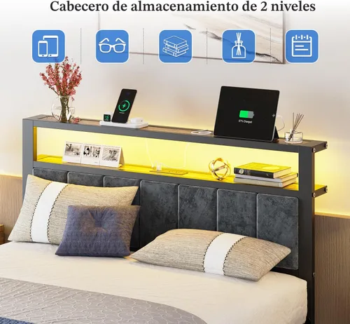 Miniatura 3 de Liians Estructura de cama de plataforma tamaño completo con luces LED, estación de carga, cabecera tapizada gris con estantes de almacenamiento de 2