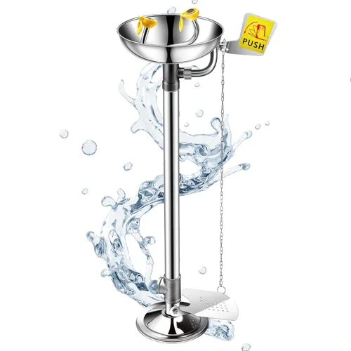 Yaocom Estación de lavado de ojos de pie de emergencia montado en pedestal Estación de lavado de ojos flujo de agua ajustable Operación manos libres