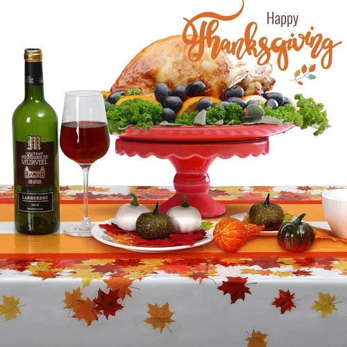 Miniatura 5 de Tegeme 3 manteles desechables de Acción de Gracias de 54 x 108 pulgadas, mantel de plástico para otoño, rectangular, impermeable, hojas de arce