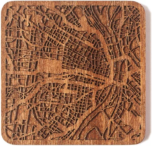 Miniatura 77 de Posavasos Amsterdam Map by O3 Design Studio, 1 pieza, posavasos de madera Sapele con mapa de la ciudad, hecho a mano, varias ciudades opcionales