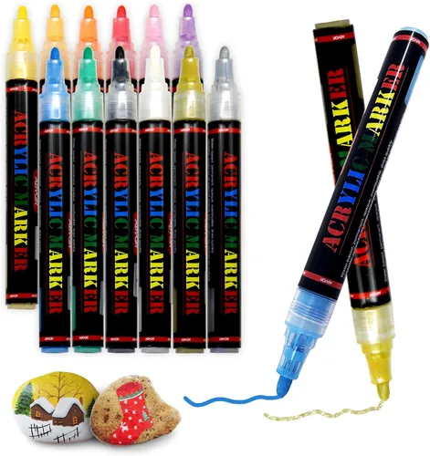 Rotuladores de pintura acrílica, 12 colores, marcadores permanentes con tinta a base de agua, apto para madera, vidrio, plástico, lienzo, piedra,