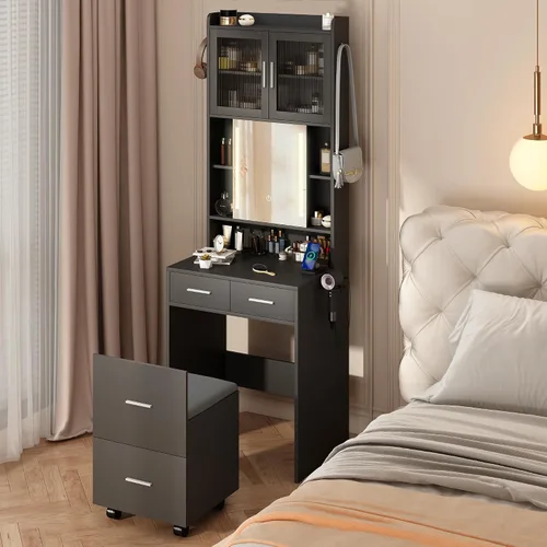 Miniatura 2 de VINGLI Tocador 3 en 1 con espejo deslizante iluminado LED y taburete acolchado sobre ruedas, pequeño tocador de maquillaje con 3 cajones y 2 Negro