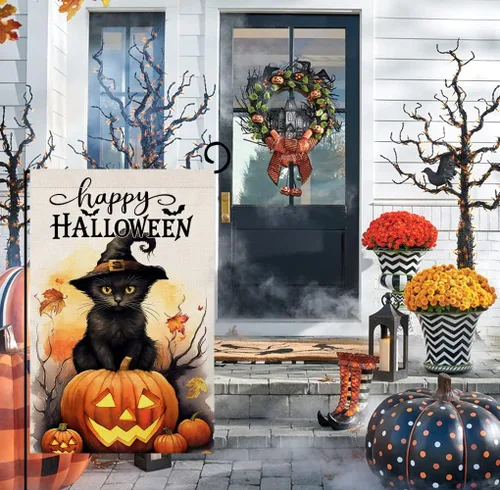 Miniatura 3 de BLKWHT Bandera de jardín de gatos de Halloween de 12 x 18 pulgadas, vertical, doble cara, feliz Halloween, calabaza, vacaciones, decoraciones