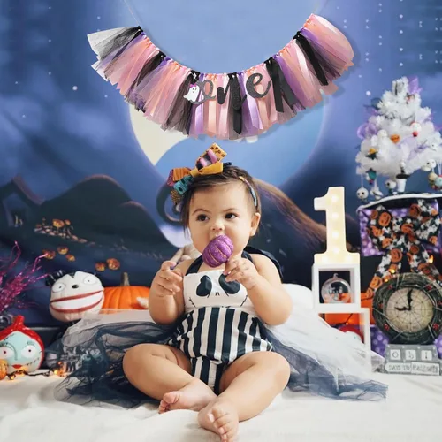 Miniatura 5 de Cartel de Halloween para silla alta para primer cumpleaños, suministros de fiesta de todos los santos para falda tutú para silla alta, banderín