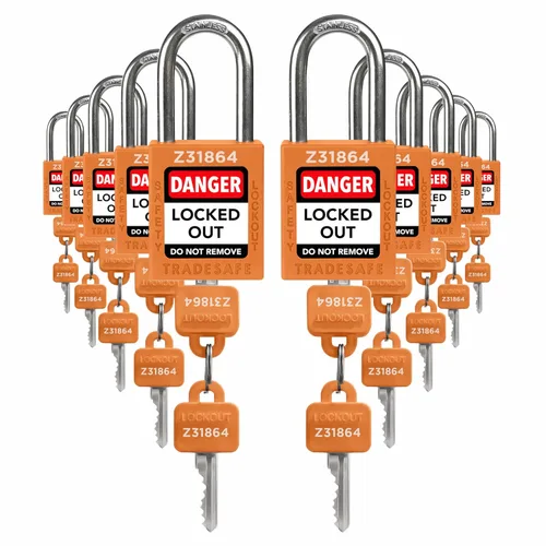 Miniatura 12 de TRADESAFE Juego de cerraduras de bloqueo - 7 candados iguales con llave roja, 2 llaves por cerradura, cerraduras Loto compatibles con OSHA
