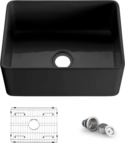 KIBI Pure - Fregadero de cocina de arcilla refractaria de 24 pulgadas, diseño frontal de delantal de un solo tazón, acristalamiento resistente al