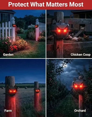 Miniatura 8 de Paquete de 2 repelentes solares nocturnos de animales con luces LED rojas duales, disuasorio de coyote humano para zorro mapache zorrillo, ciervos