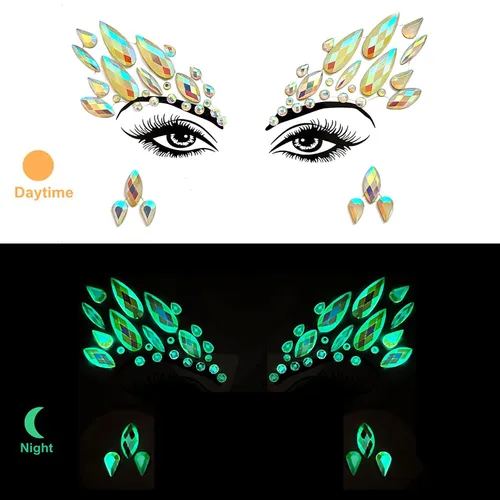 Miniatura 3 de Gemas faciales 4 hojas de joyas para la cara pegadas en diamantes de imitación, calcomanías de cristal luminoso, piedras preciosas temporales