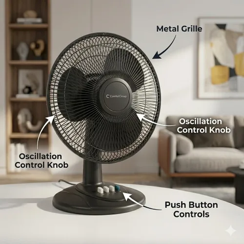 Miniatura 4 de Comfort Zone - Ventilador de mesa oscilante con inclinación ajustable, controles convenientes de botón de presión, silencioso, de 12 pulgadas, 3