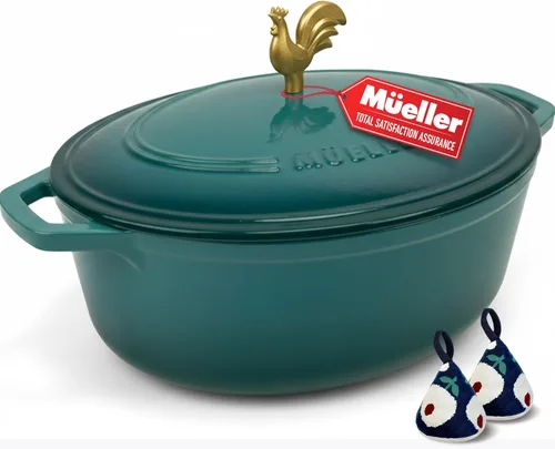 Miniatura 38 de MÜELLERHOME Horno holandés de hierro fundido esmaltado, 6 cuartos de galón, resistente, cazuela con tapa y perilla de acero inoxidable, para todas