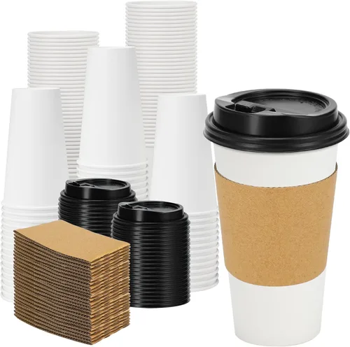 Miniatura 14 de Lamosi Paquete de 100 tazas de café desechables de 16 onzas con tapas y mangas, a prueba de fugas, tazas de café de papel con tapas, bebidas
