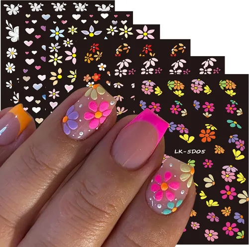 Calcomanías de arte de uñas de flores, holográficas 5D en relieve de flores en relieve de corazón, calcomanías autoadhesivas para uñas, decoración