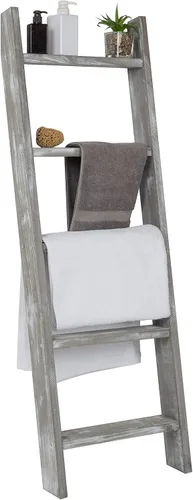 Miniatura 8 de MyGift Escalera grande de madera encalada para manta, estilo granja, toallero inclinado de pared con 5 peldaños (blanco vintage)