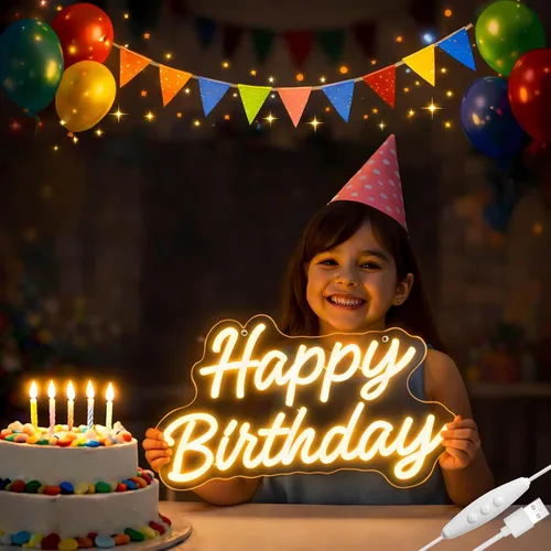 Miniatura 2 de Letrero de neón para decoración de pared, letrero LED de feliz cumpleaños con banderas de fiesta, luz de neón regulable alimentada por USB para mesa