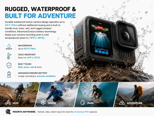 Miniatura 4 de GoPro HERO13 - Cámara de acción impermeable negra con batería Enduro, video HDR de 5.3K, fotos de 27 MP, estabilización hipersuave, transmisión